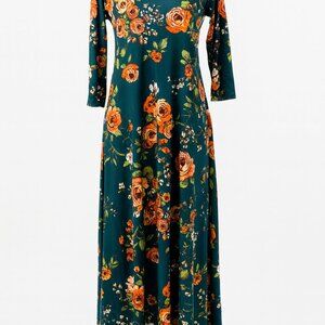 Got Style USA Green Floral 3/4 Sleeve Midi Dress - Size S